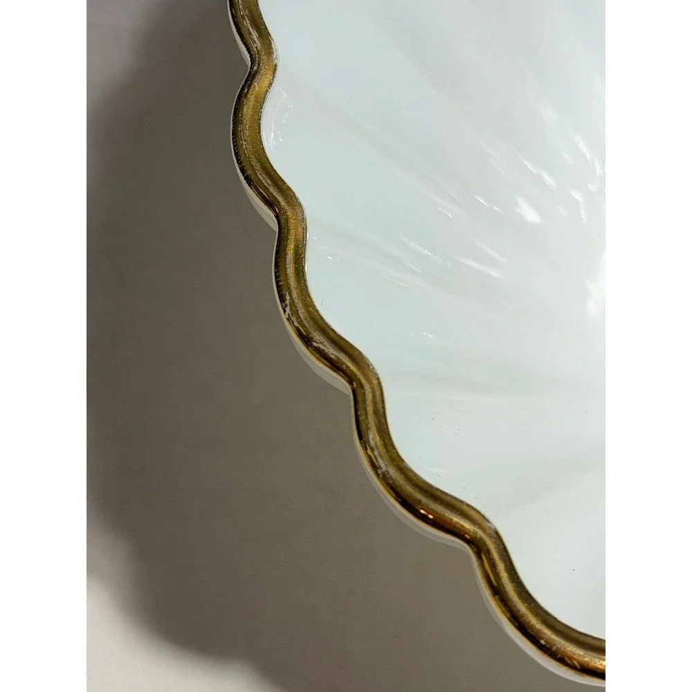 Vintage Fire-King Milk Glass Ribbed Bowl Scalloped Gold Trim Mid-Century Modern